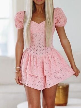Hazel & Olive eyelet puff sleeve drop waist romper dress womens small baby pink